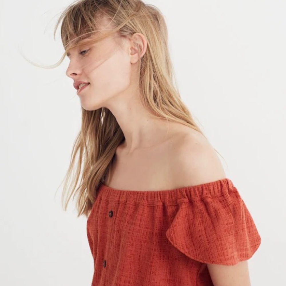 Madewell Red Texture Thread Button Front Ruffle Off-the-Shoulder Mini Dress XS - Picture 3 of 14